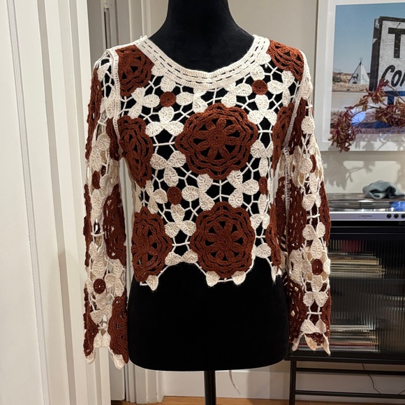 Rebellion Crochet Lace Blouse - Cream and Brown - Picture 1 of 4